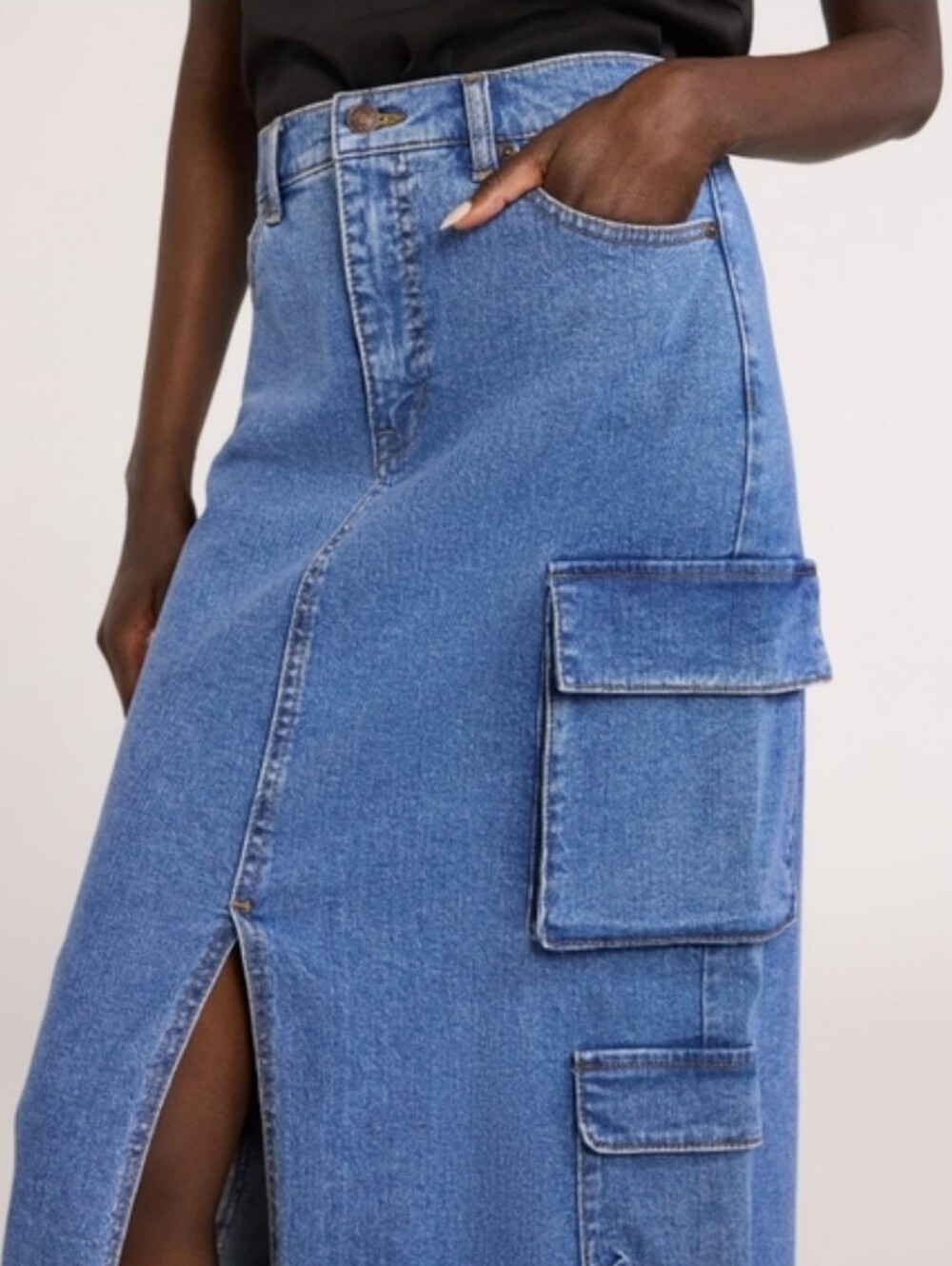 Denim Cargo Utility Blue Maxi Skirt Front Slit Fall Western Boho Going Out 10 - Picture 3 of 12